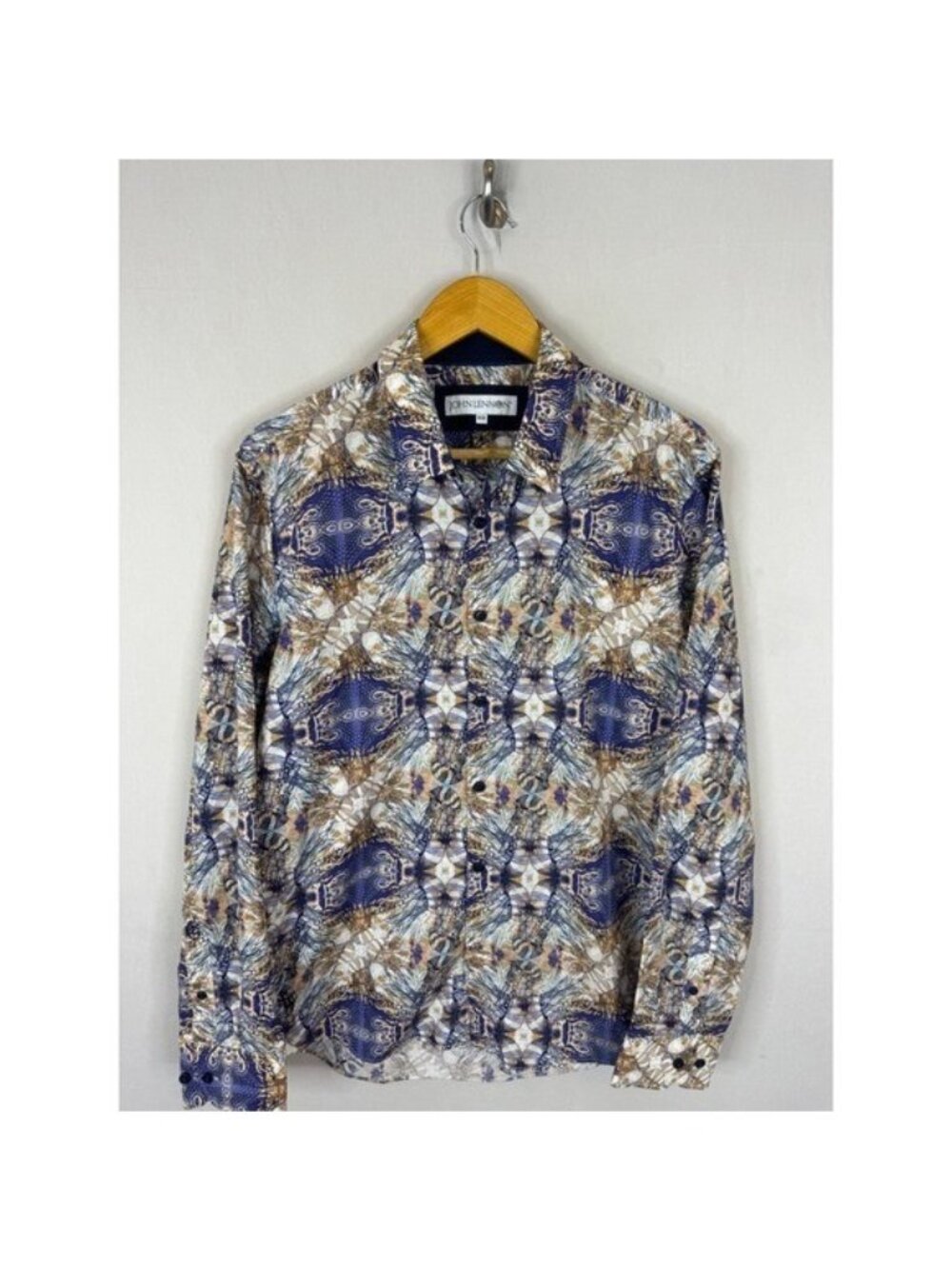 John Lennon Mens Psychedelic Jellyfish Print Button Down Shirt Blue Tan Medium